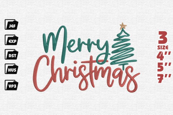 Modern Merry Christmas Script with Scribble Tree Embroidery Design